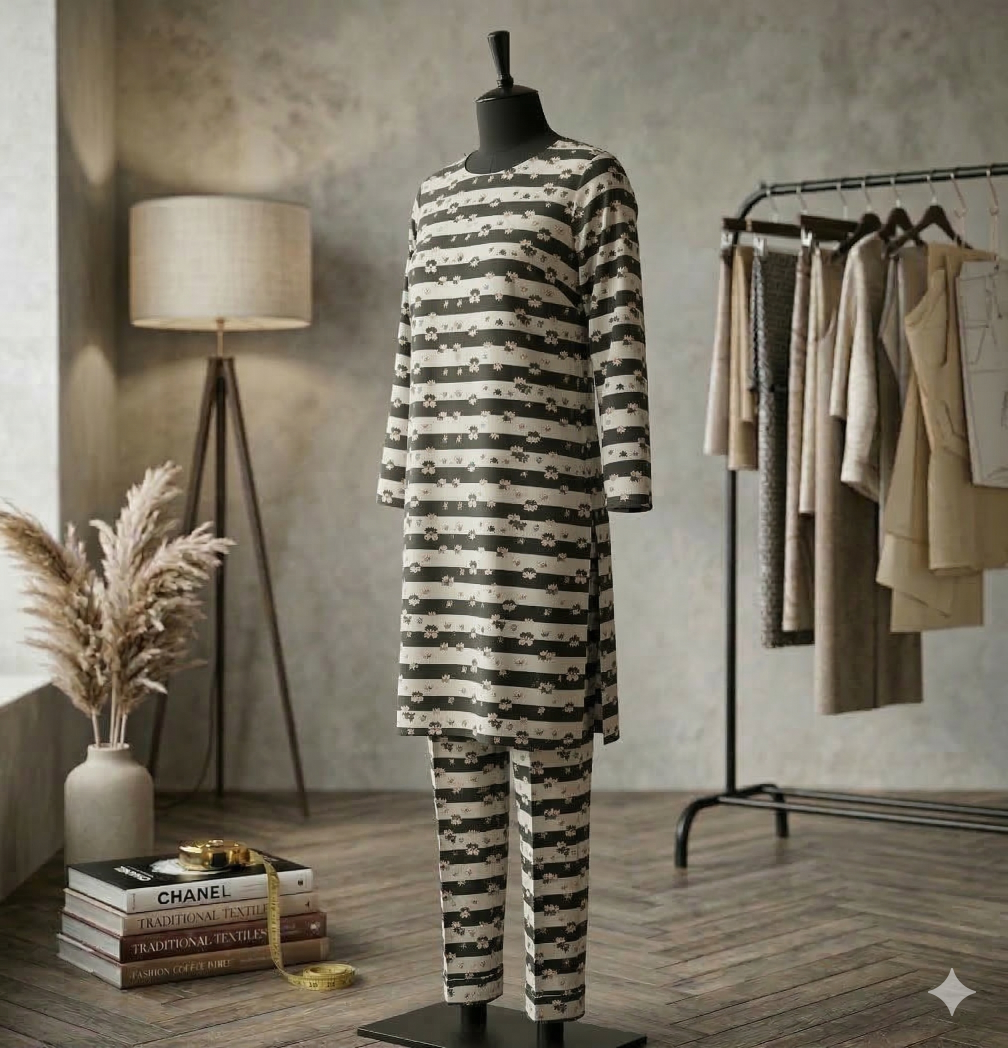 Monochrome Floral Stripe Co-ord Set – Longline Tunic & Tapered Trouser Duo (PCU 5022)