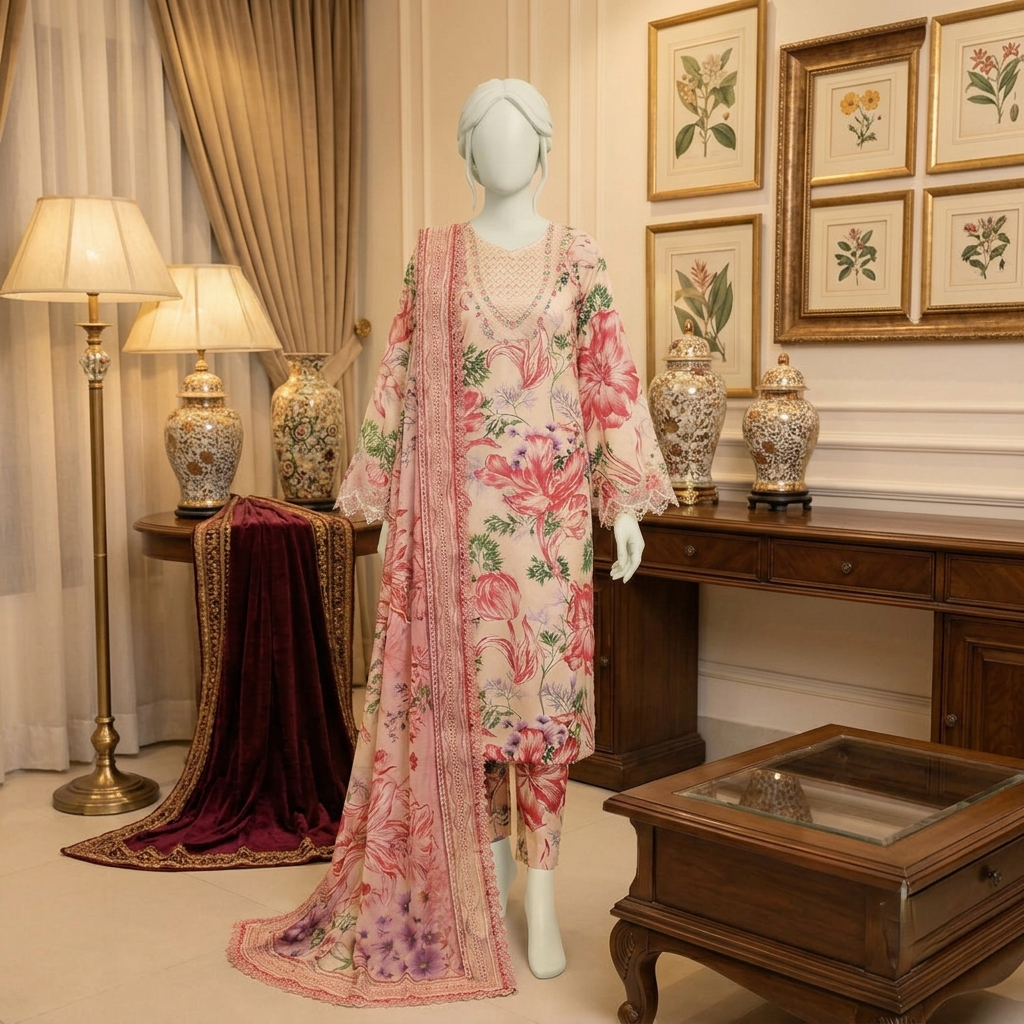 Premium 3-Piece Embroidered Lawn Suit - Floral Digital Print with Chiffon Dupatta (LEU-5027)