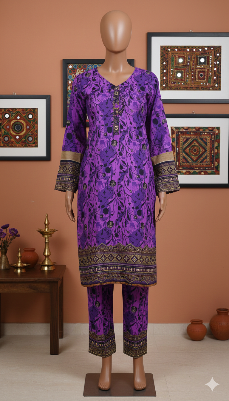 Zh2 Royal Violet 2-Piece Suit | Purple & Black Unstitched Cotton (PCU 5023)