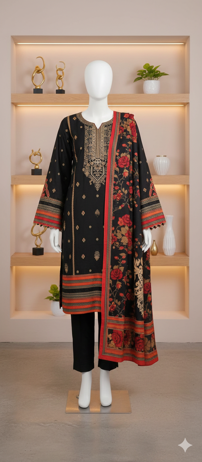 Midnight & Emerald Royale – Luxury Embroidered 3pc Unstitched Lawn Collection (LEU 5057)