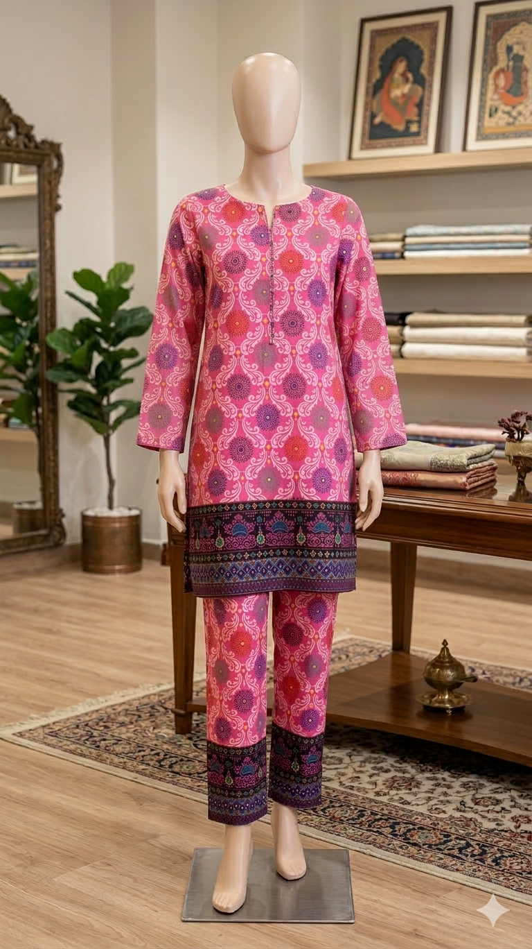 Women's Pink Paisley Ethnic Co-ord Set - Printed Kurta & Matching Pants (PCU 5023)