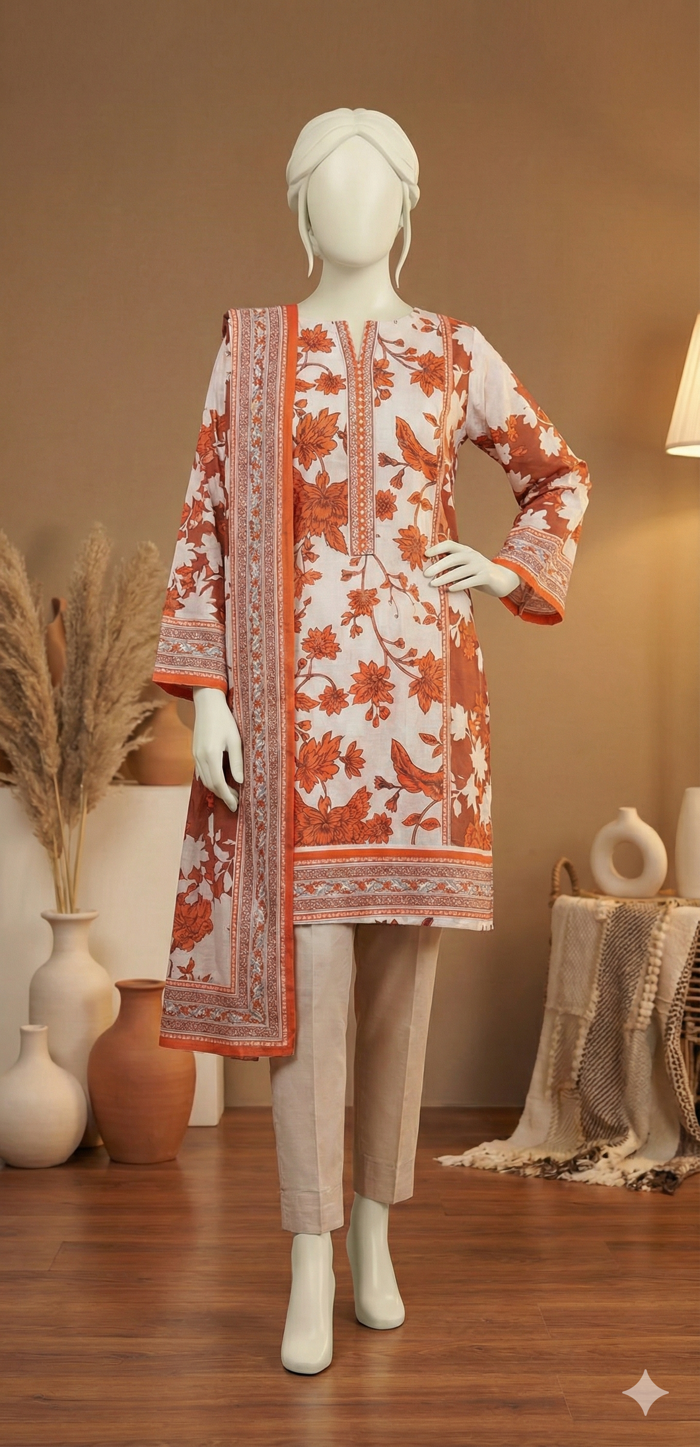 3-Piece Unstitched Printed Lawn Suit - Terracotta Bloom (LPU 5054)
