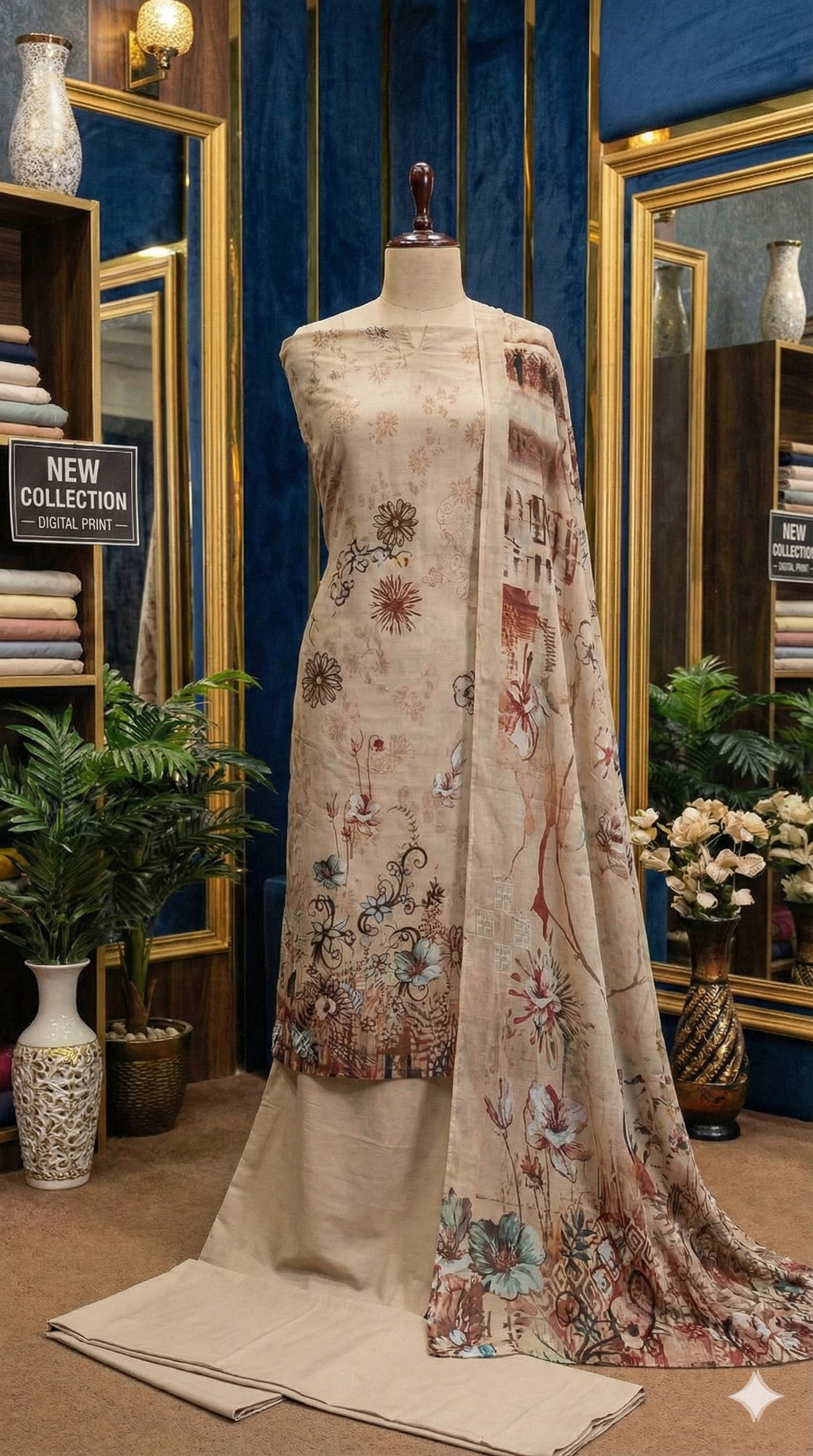 Mannequin wearing a floral embroidered dress in a decorated room with mirrors and plants.