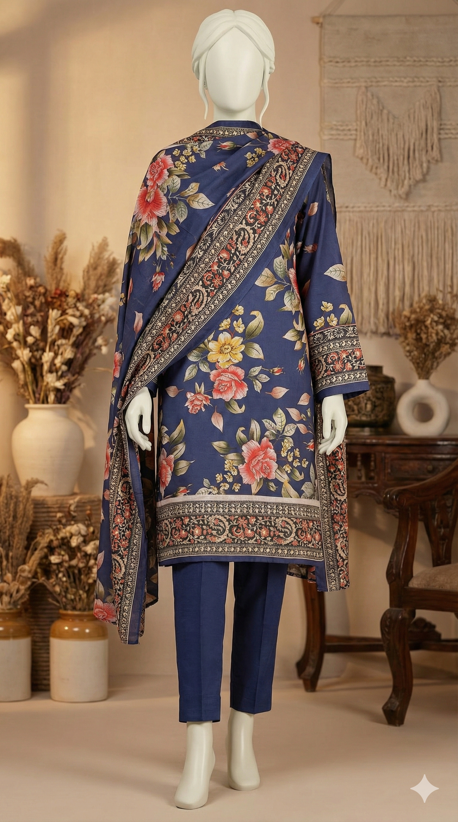 Midnight Blue Embroidered Lawn 3pcs Suit with Vibrant Peony Print (LPU 5052)