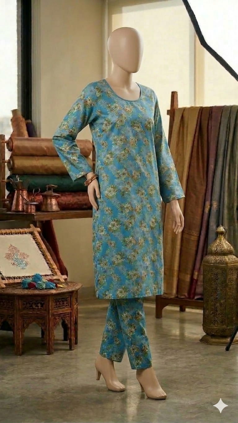 Midnight Blue Floral Print 2-Piece Set - Cotton Kurta & Trouser (PCU 5022)
