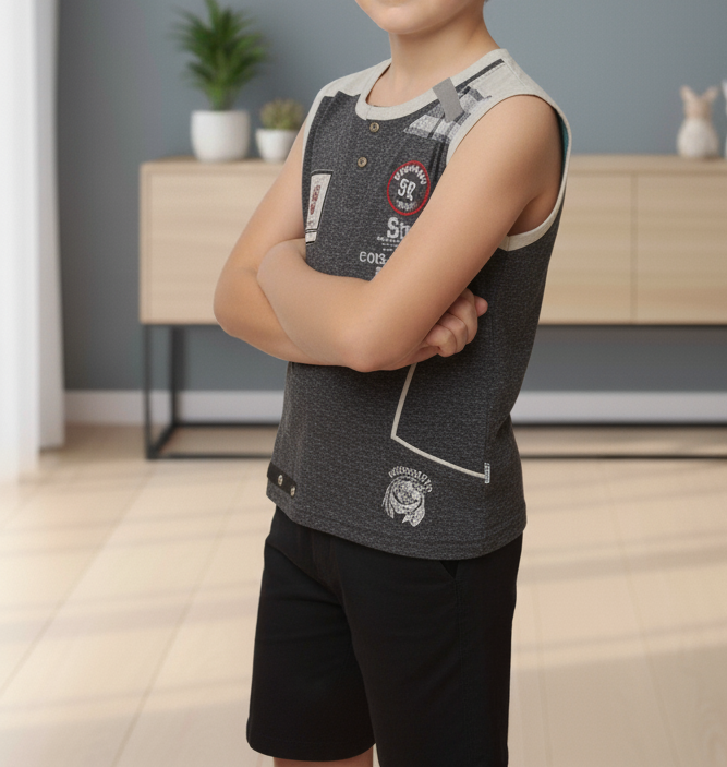 Boys' Dark Gray Sleeveless Henley Top | Urban Graphic Print and Contrast Details (1018)