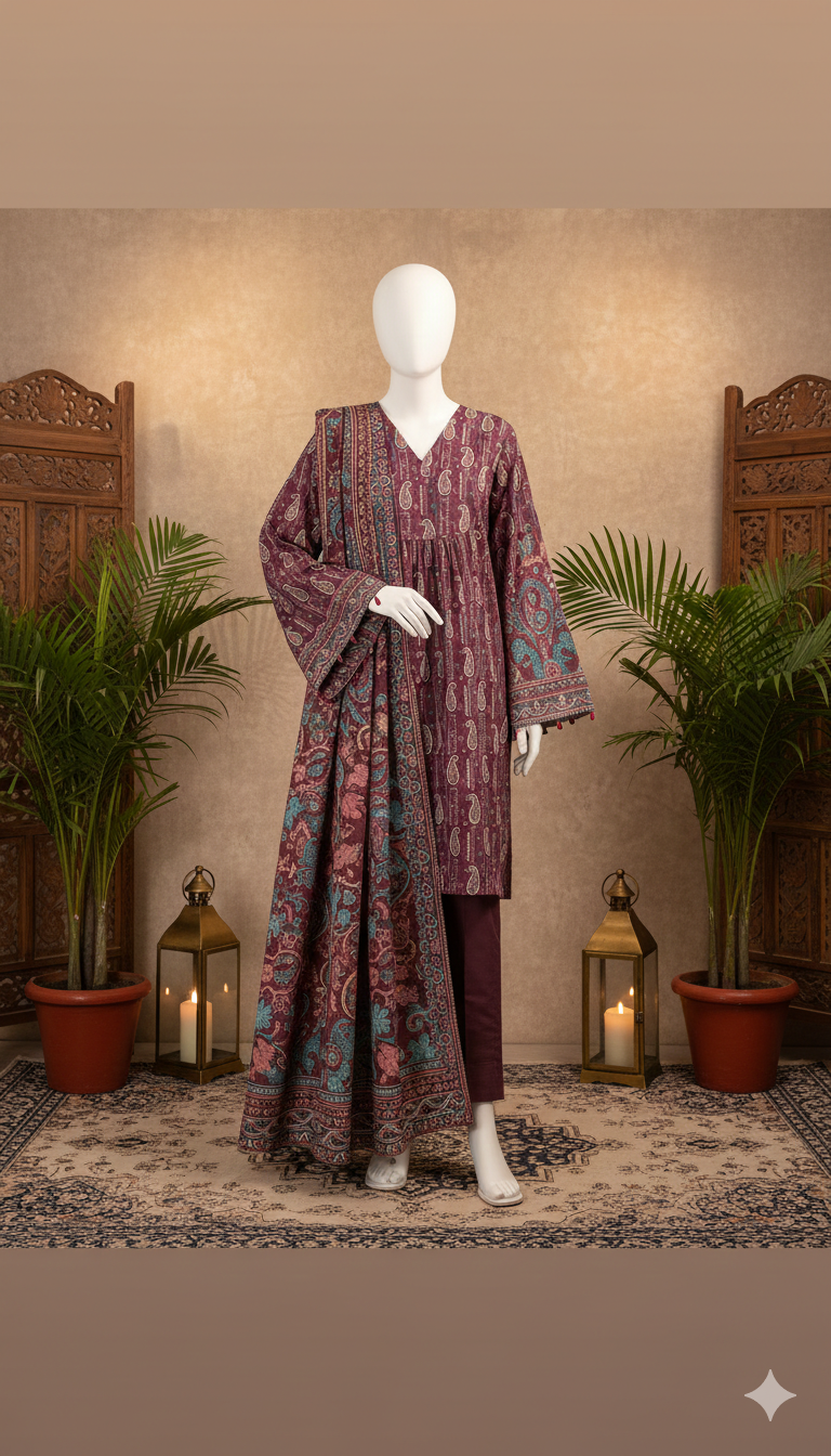 Deep Plum & Midnight Blue Luxury Lawn – Unstitched Premium Series (LPU 5058)