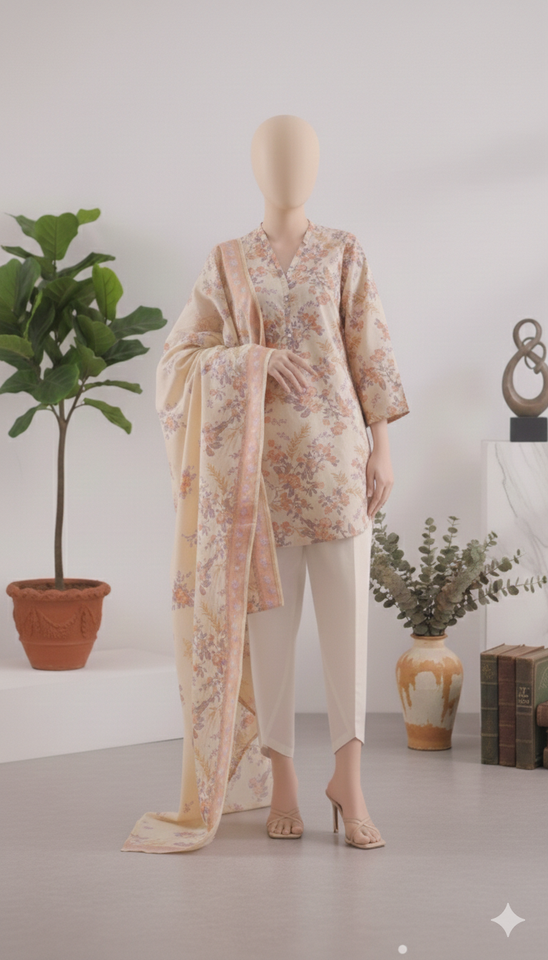 Coral Garden: Premium Floral Unstitched Lawn 3-Piece Suit (LPU 5066)