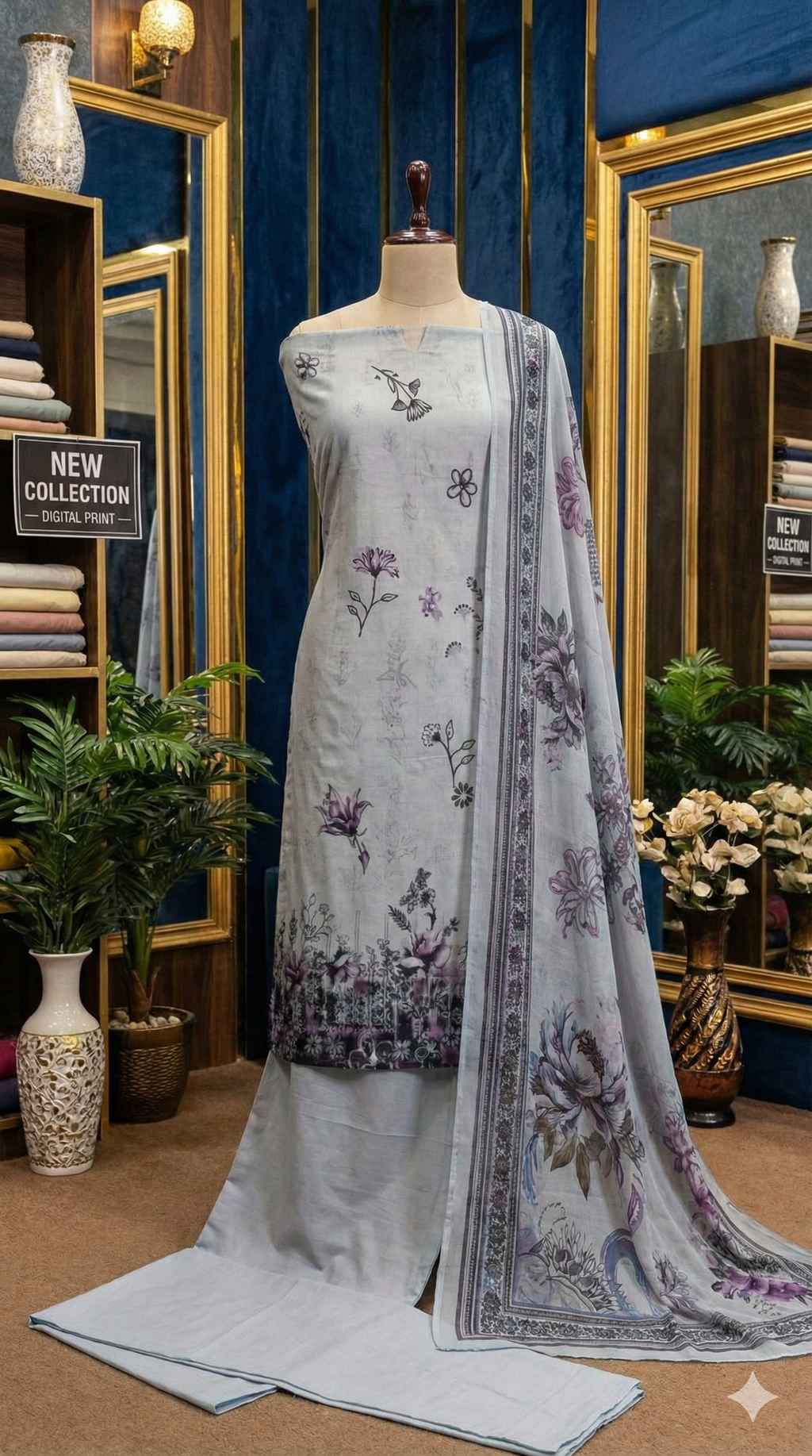 White saree with floral patterns on a mannequin against a decorative background