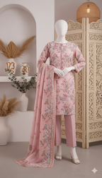 Blushing Rose: Vibrant Floral Printed Lawn Unstitched 3-Piece Suit (LPU 5067)