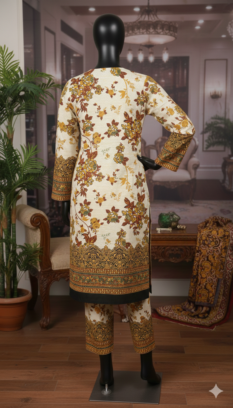 ZH2 Heritage Floral 2-Piece Suit | Cream & Mustard Unstitched Cotton (PCU 5023)