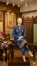 Women's Royal Blue Floral Printed Kurta & Trouser Set - Ethnic Festive Wear (PCU 5023)