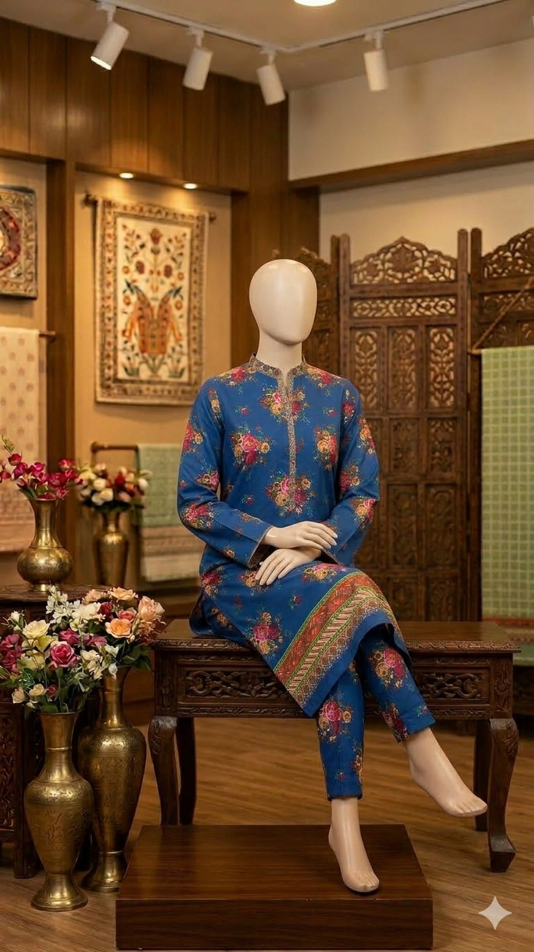 Women's Royal Blue Floral Printed Kurta & Trouser Set - Ethnic Festive Wear (PCU 5023)