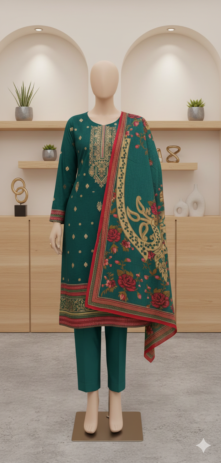 Midnight & Emerald Royale – Luxury Embroidered 3pc Unstitched Lawn Collection (LEU 5057)