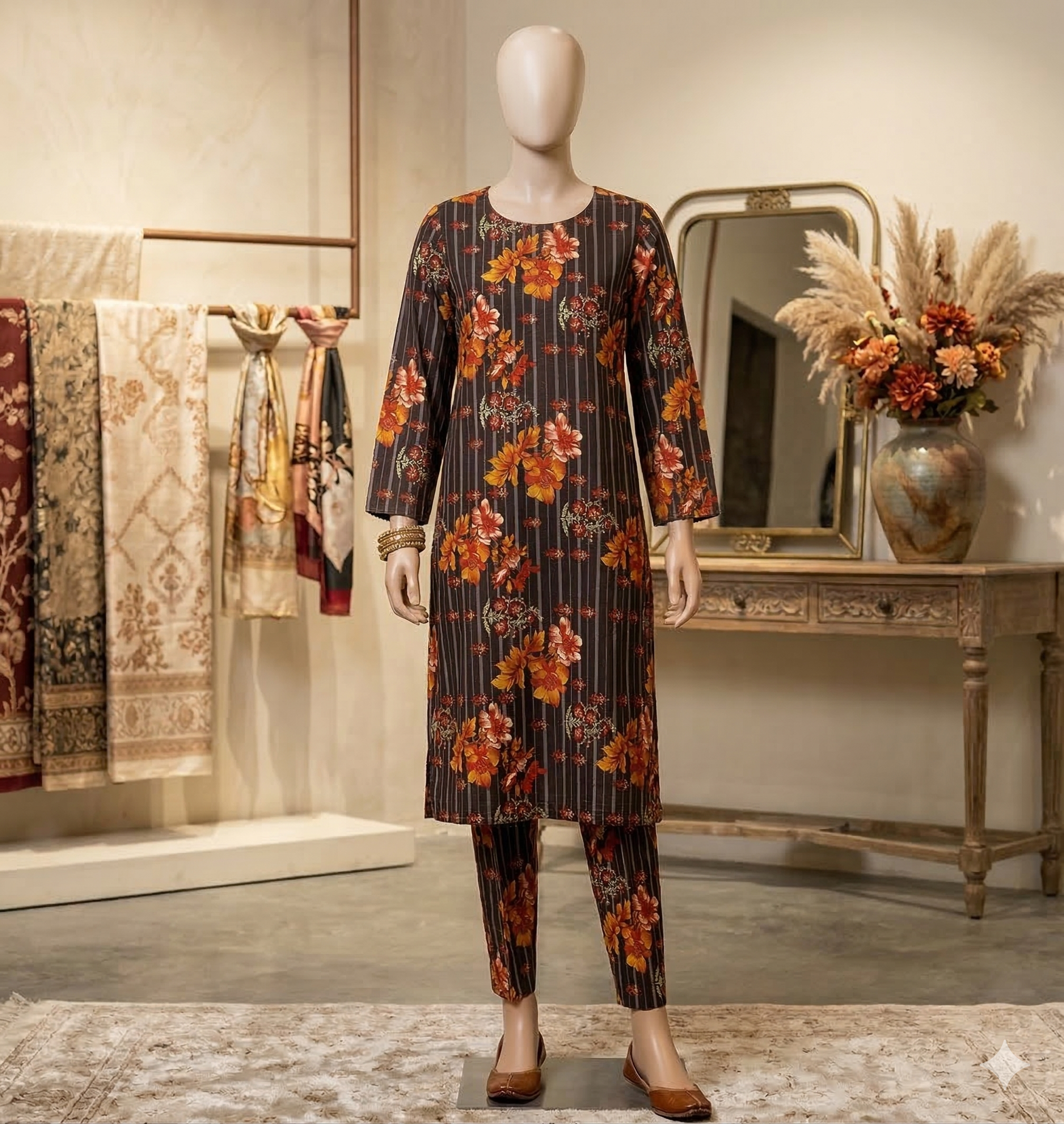Autumn Floral Pinstripe Kurta Set – 2-Piece Printed Tunic & Trouser Suit (PCU 5022)