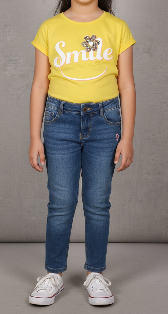 Girls' "Smile" Graphic T-Shirt and Blue Denim Jeans Outfit Set | Bright Yellow Embellished Tee & Slim Fit Jeans | Casual Kids' Spring/Summer Wear (1033)