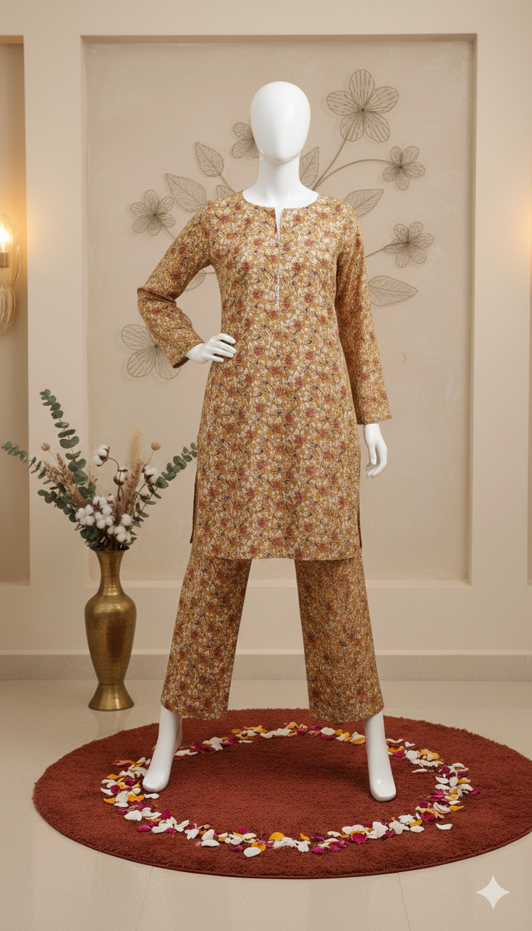 ZH2 Golden Honey Ditsy Floral – 2pc Premium Cotton Unstitched Suit (PCU 5022)