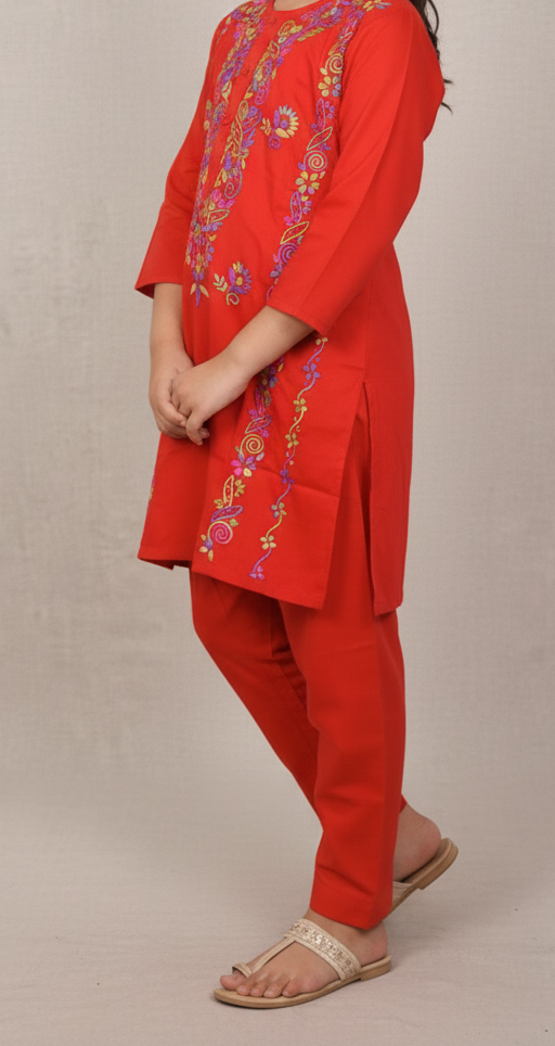 Girls' Festive Red Embroidered Kurta Shalwar Set | Vibrant Floral Thread Work Traditional Suit | Cotton Ethnic Wear for Kids | Festivals/Eid Outfit (1035)