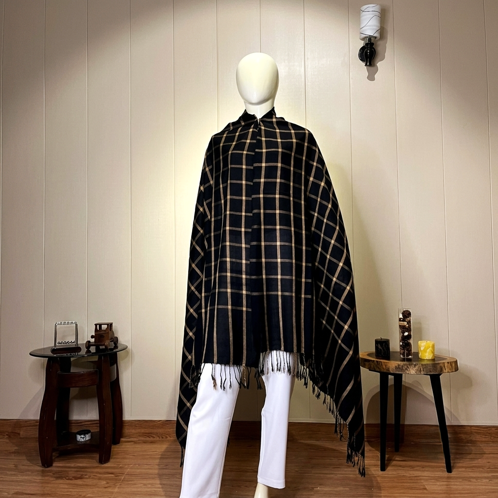 "Close-up detail of the soft black and gold wool shawl featuring a classic plaid checkered pattern and tassel fringe edges."