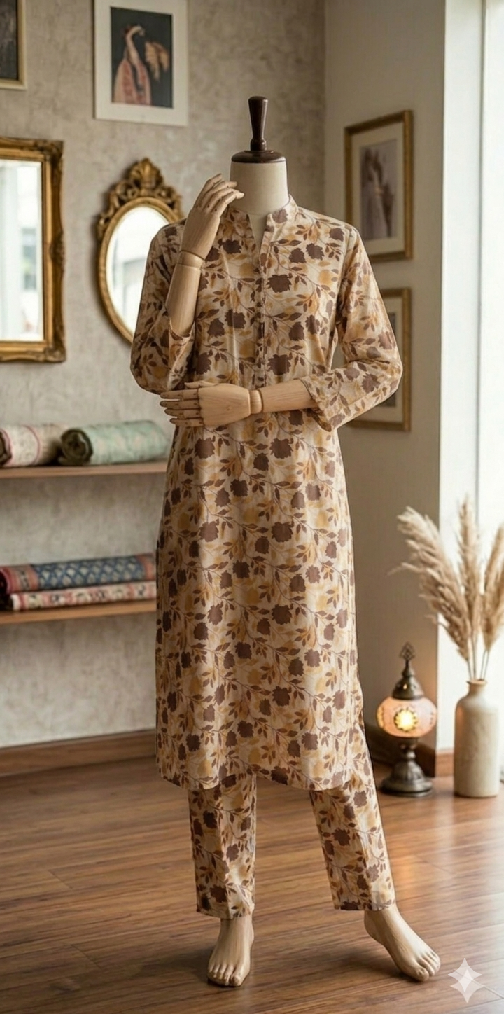 Women’s Floral Print Kurta with Matching Trousers – Beige & Brown (PCU 5022)