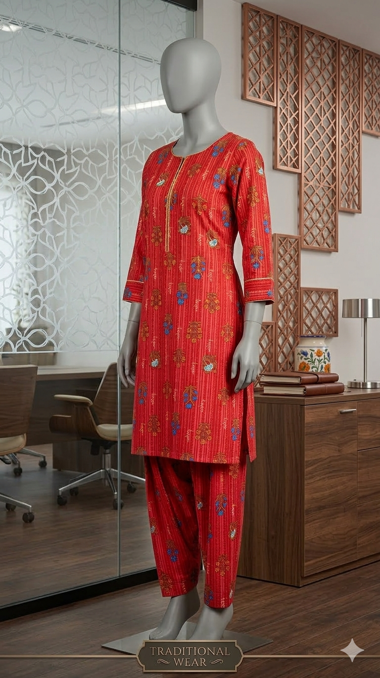 Women’s Red Printed Tunic and Tapered Trouser Set - Boutique Collective (PCU 5022)