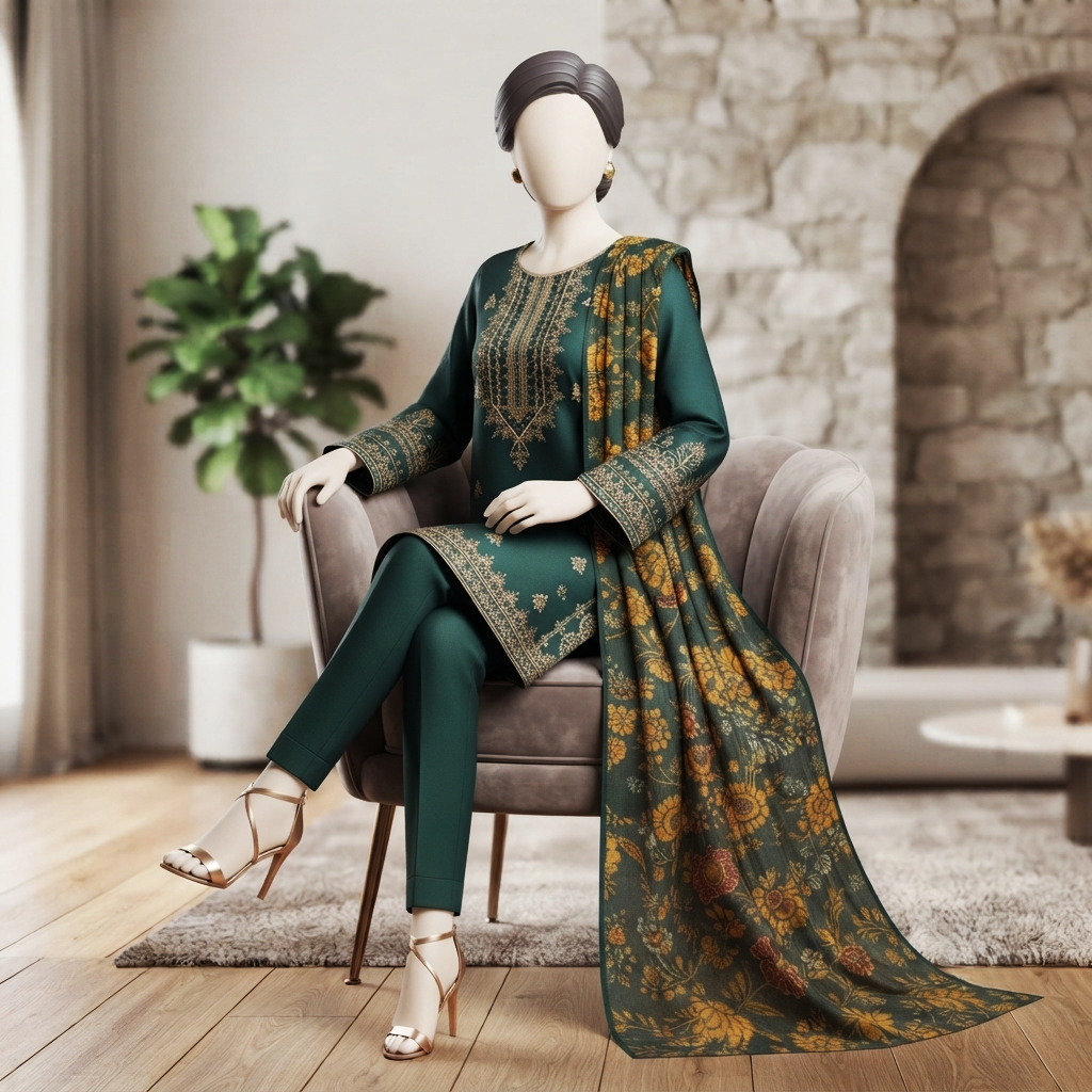 Emerald green 3-piece unstitched embroidered lawn suit with a floral printed dupatta displayed on a mannequin.