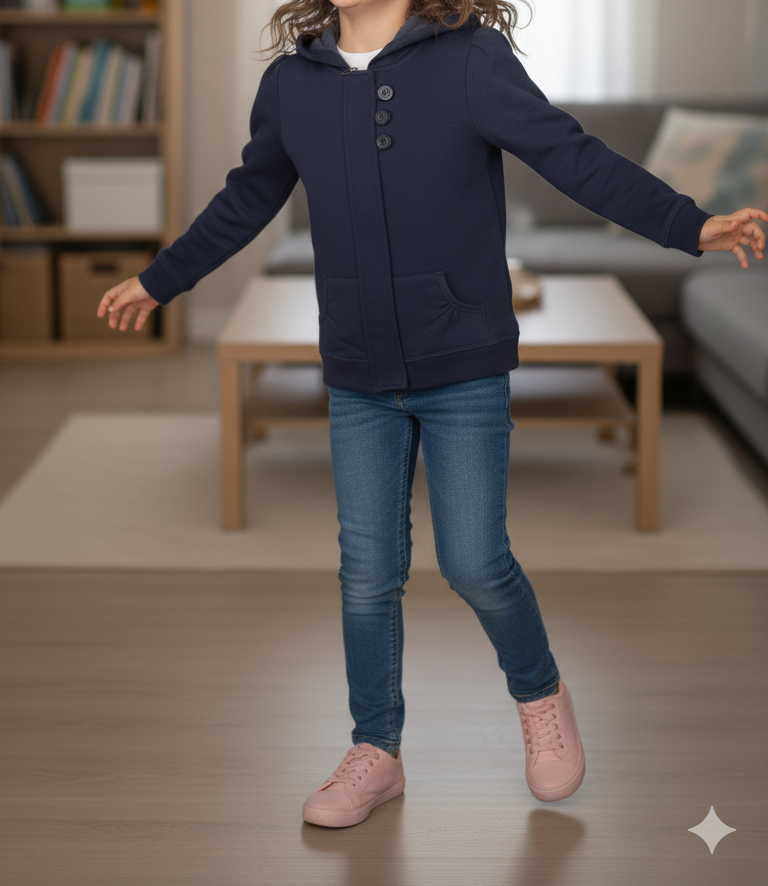 Unisex Navy Blue Tailored Hooded Jacket | Military Style Button-Up Sweatshirt | Structured Casual Layering Top | Puff Shoulder Detail