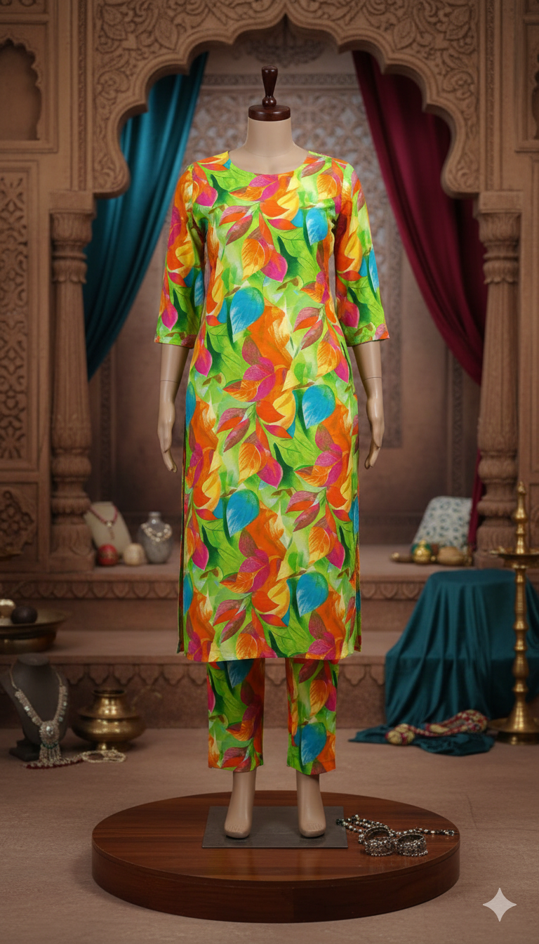 Neon Garden Printed Straight Kurti Set with Matching Trousers (PCU 5022)