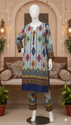 Zh2 Azure Mosaic Suit | Blue Geometric Ikat Unstitched Cotton (PCU 5023)