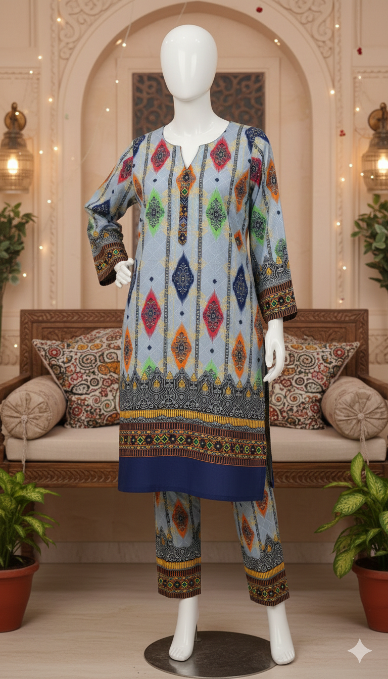 Zh2 Azure Mosaic Suit | Blue Geometric Ikat Unstitched Cotton (PCU 5023)
