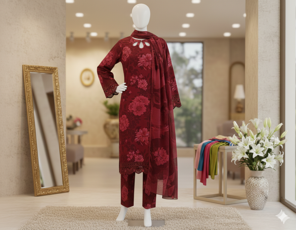 Deep maroon 3-piece suit with tonal floral print and laser-cut lace borders.