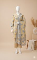 Lemon Mist - 3-Piece Unstitched Printed Lawn Suit with Floral Dupatta (LPU 5069)
