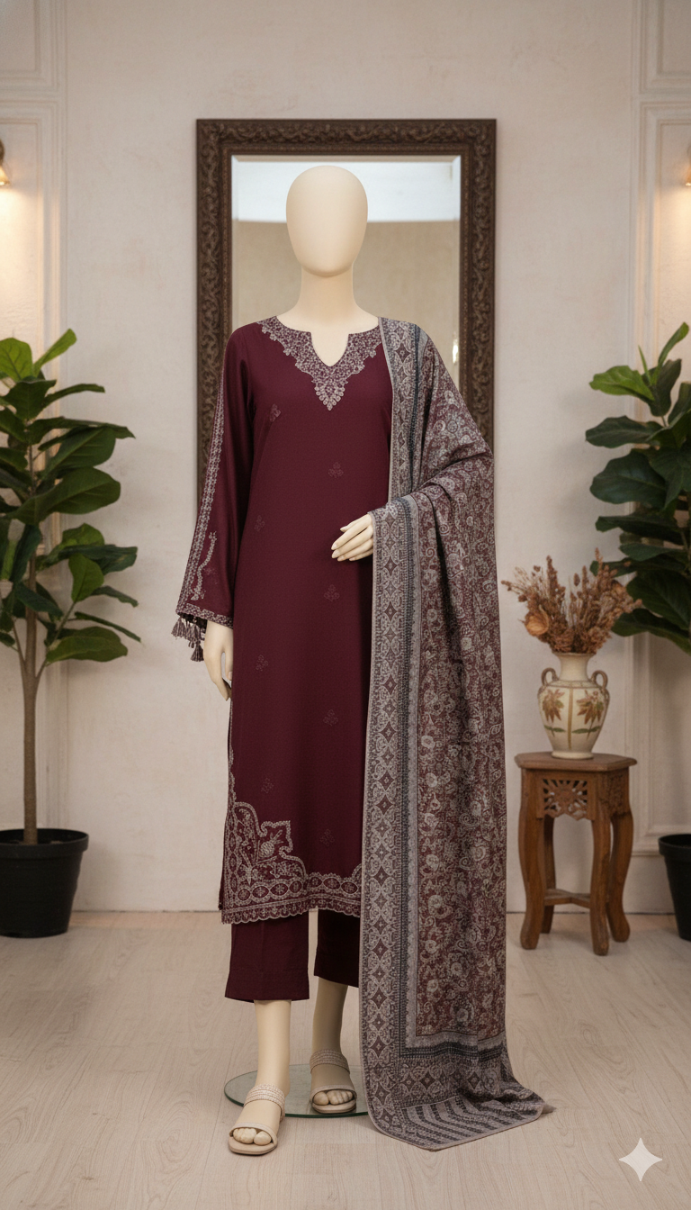 Premium 3-Piece Unstitched Embroidered Cotton Suit – Deep Plum & Silver Sage (LEU 5036)