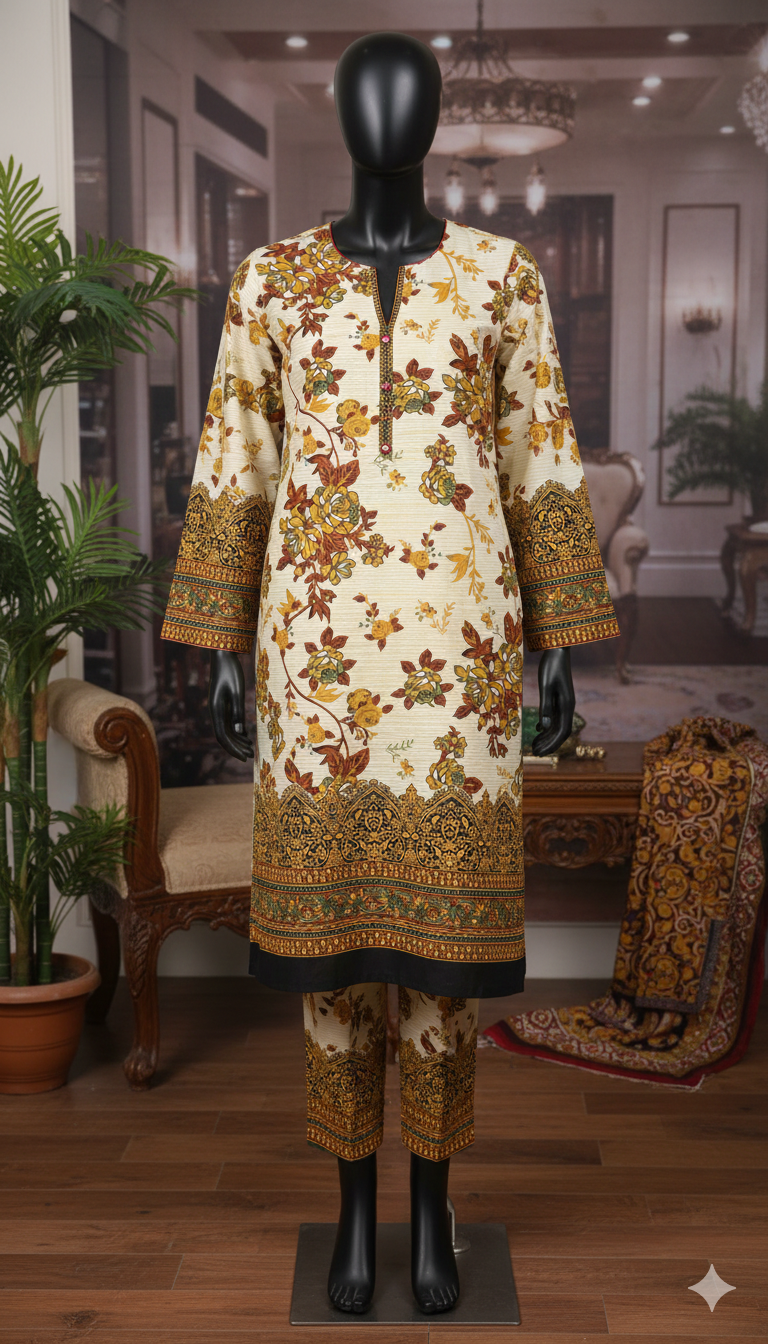 ZH2 Heritage Floral 2-Piece Suit | Cream & Mustard Unstitched Cotton (PCU 5023)