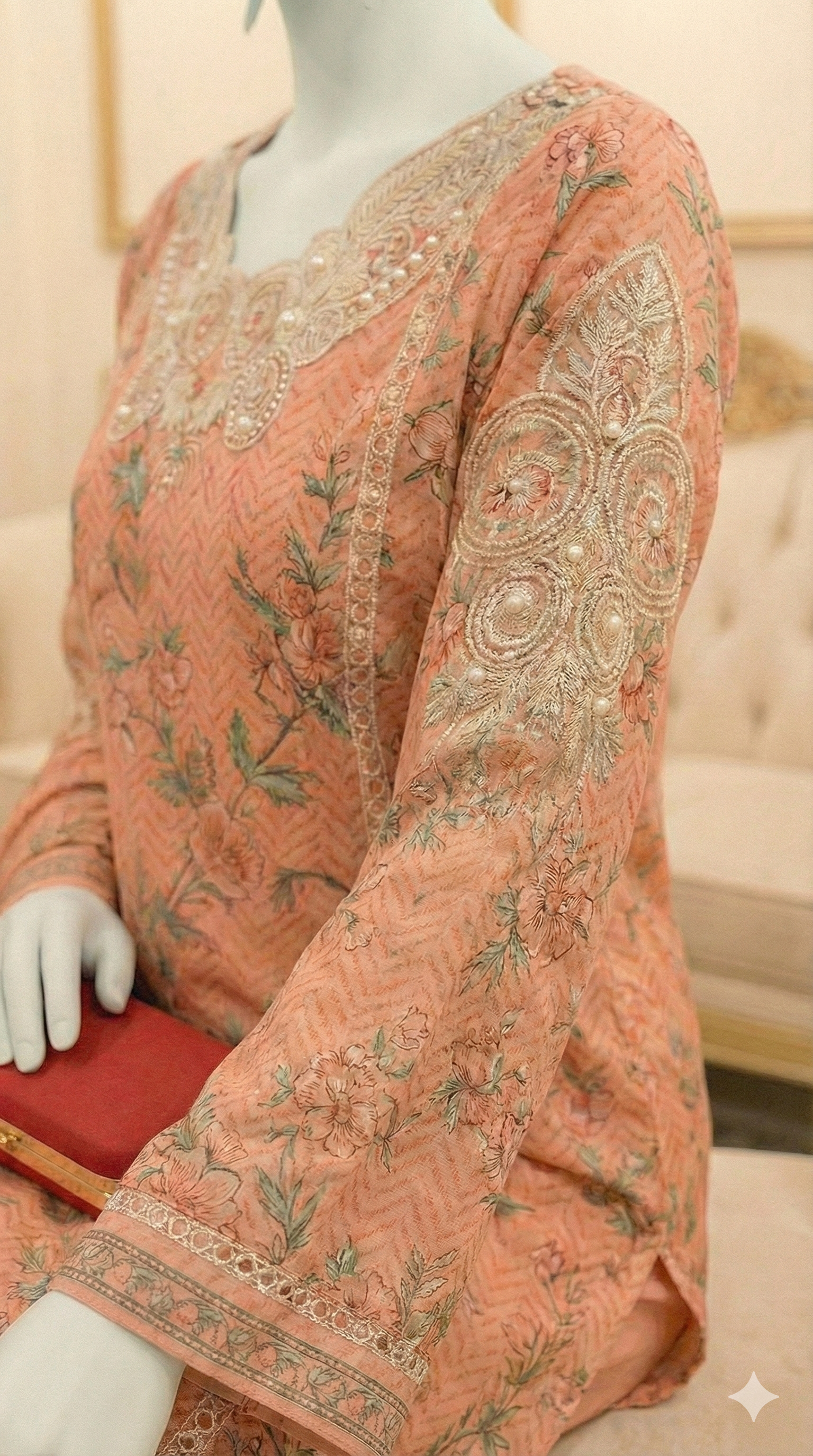 Peach-colored embroidered traditional outfit on a mannequin with a neutral background