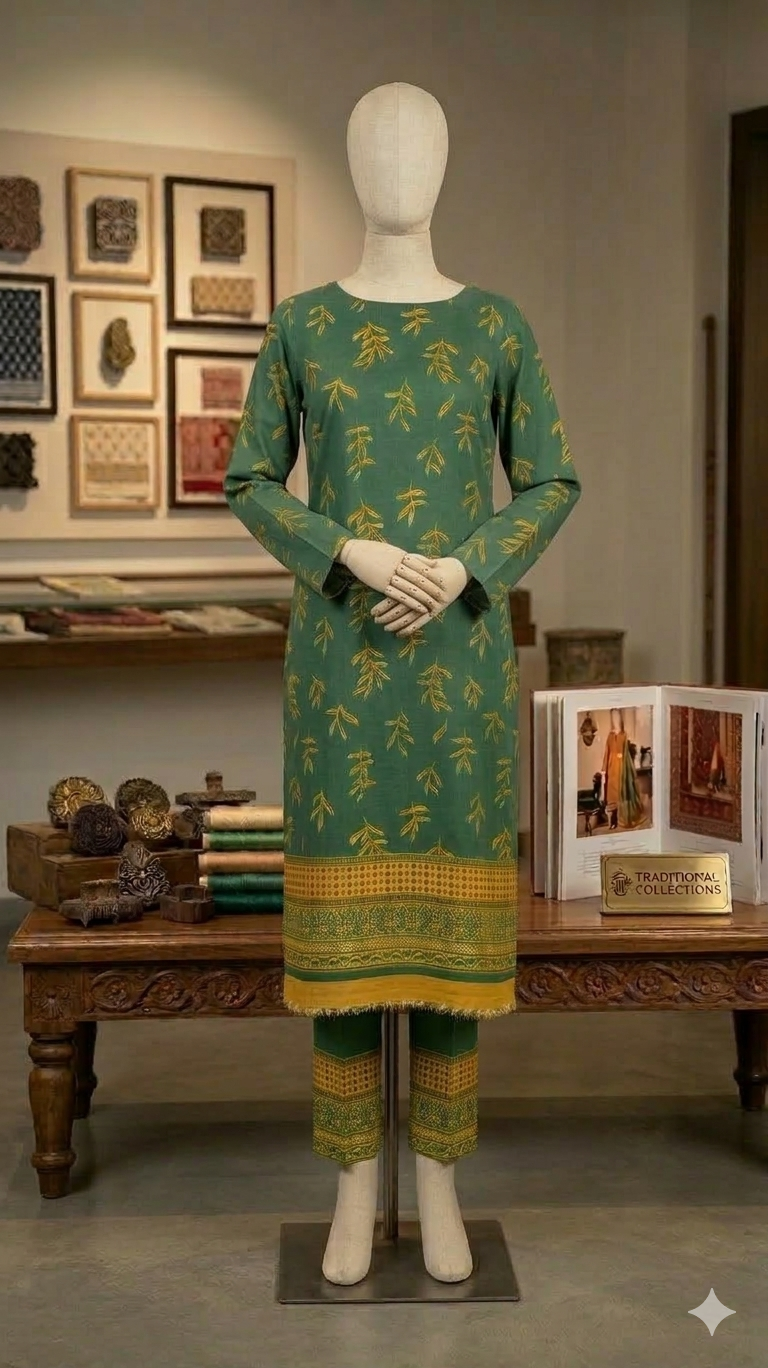 Olive & Ochre Leaf Motif 2-Piece Suit – Premium Printed Lawn (PCU 5023)
