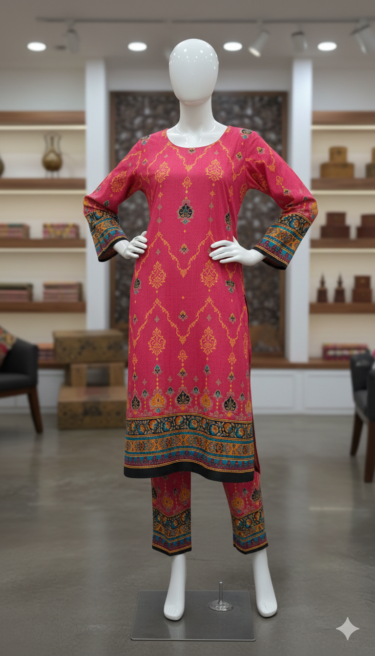 ZH2 Radiant Fuchsia Suit | Pink & Teal Unstitched Cotton (PCU 5023)