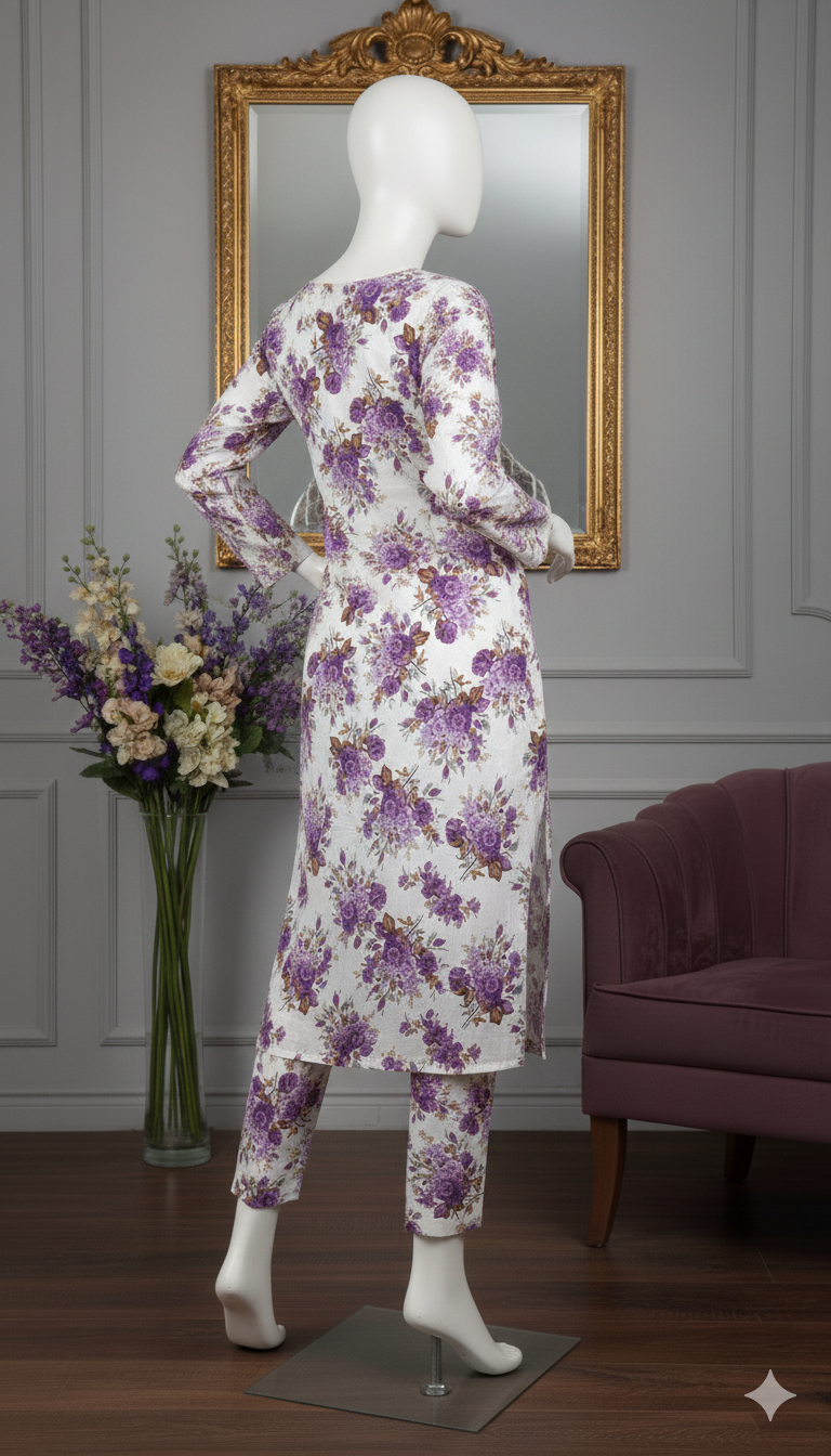Botanical & Floral Print 2-Piece Co-ord Set | Premium Lawn Long Tunic & Trousers (PCU 5022)