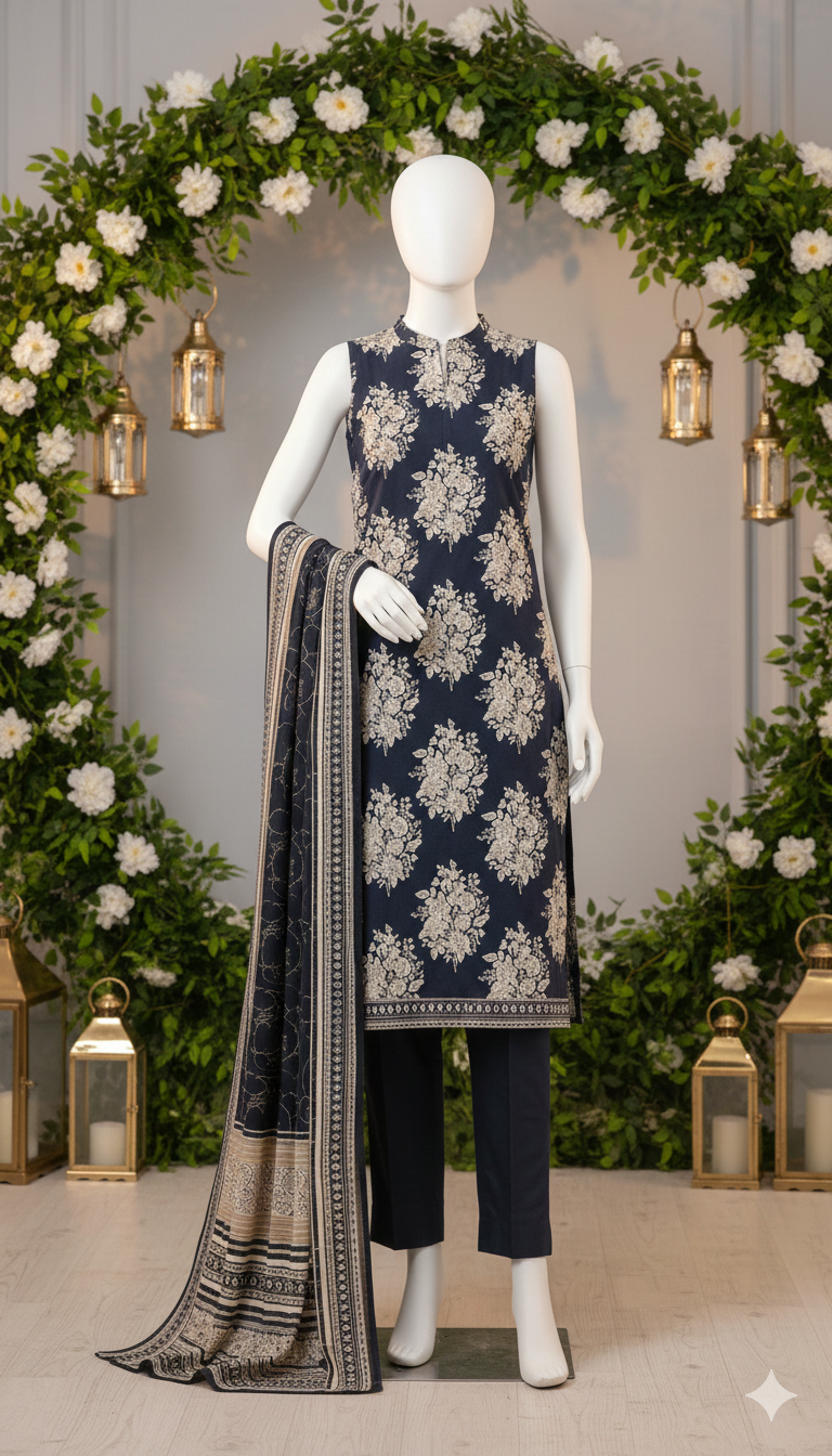 Luxury Midnight Blue Printed Lawn – Unstitched 3-Piece Suit (LPU 5059)