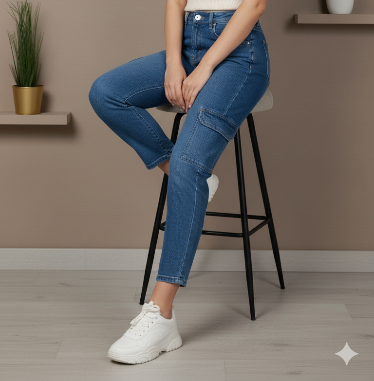 Women's High-Waisted Cargo Denim Jeans – Medium Wash (1034)