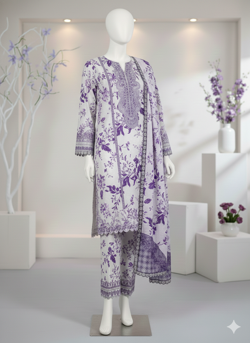 Lavender Bloom 3-Piece Unstitched Embroidered Lawn Suit – Floral Elegance (LPU 5037)