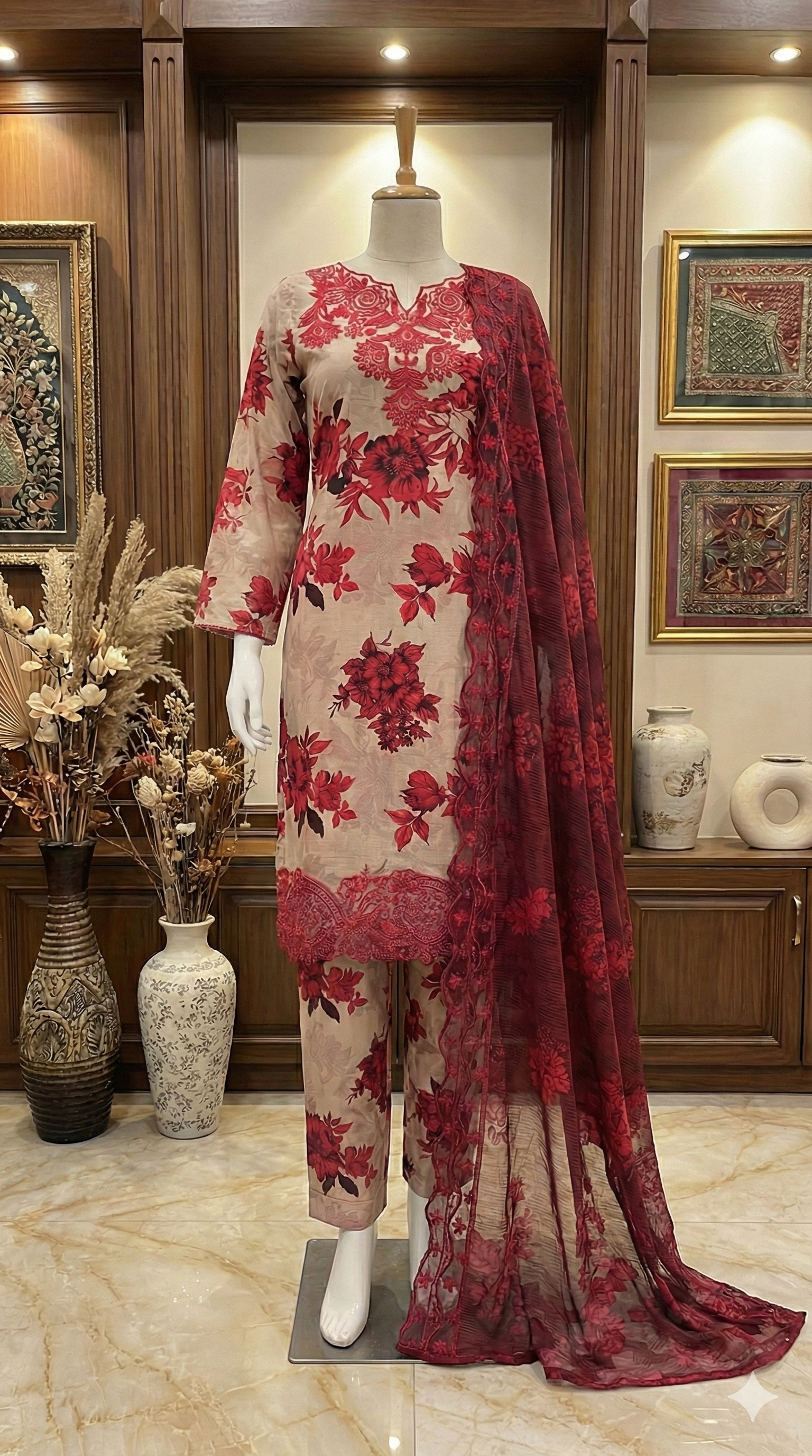 Beige & Maroon Embroidered Suit with Intricate Cutwork Lace Border (LEU 5053)