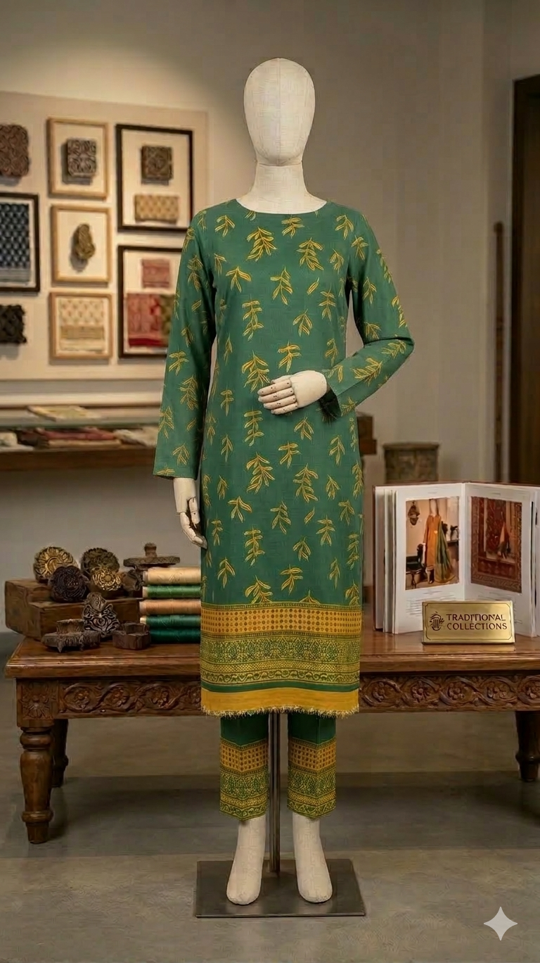 Olive & Ochre Leaf Motif 2-Piece Suit – Premium Printed Lawn (PCU 5023)