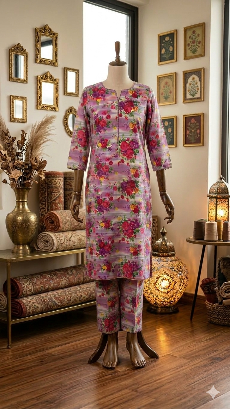 Midnight Garden Printed Cotton 2-Piece Suit with Striped Accents (PCU 5022)