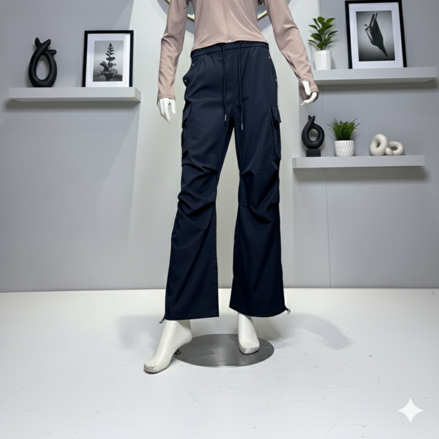 Lightweight Nylon/Parachute Style Cargo Pants with Drawstring Hem (9007)