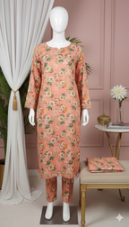 ZH2 Premium Cotton - Peach Floral 2-Piece Unstitched Suit (PCU 5022)