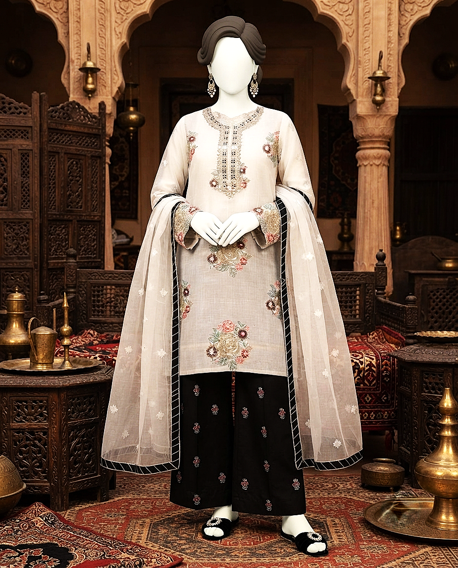 3-piece unstitched embroidered lawn suit with a matching trouser and dupatta displayed on a mannequin.