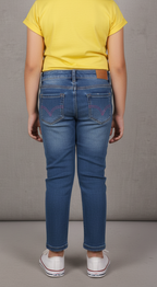 Girls' "Smile" Graphic T-Shirt and Blue Denim Jeans Outfit Set | Bright Yellow Embellished Tee & Slim Fit Jeans | Casual Kids' Spring/Summer Wear (1033)