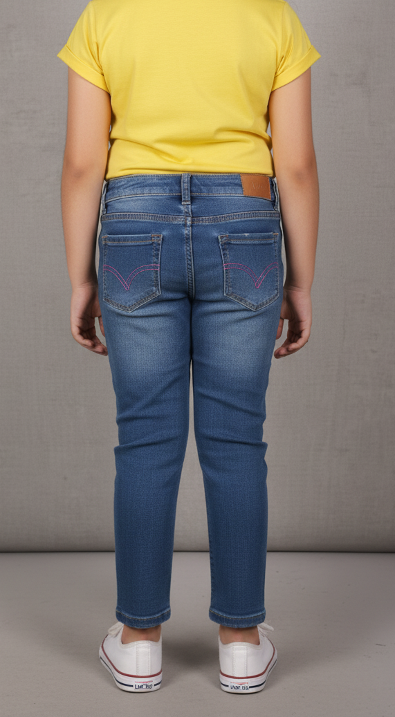 Girls' "Smile" Graphic T-Shirt and Blue Denim Jeans Outfit Set | Bright Yellow Embellished Tee & Slim Fit Jeans | Casual Kids' Spring/Summer Wear (1033)