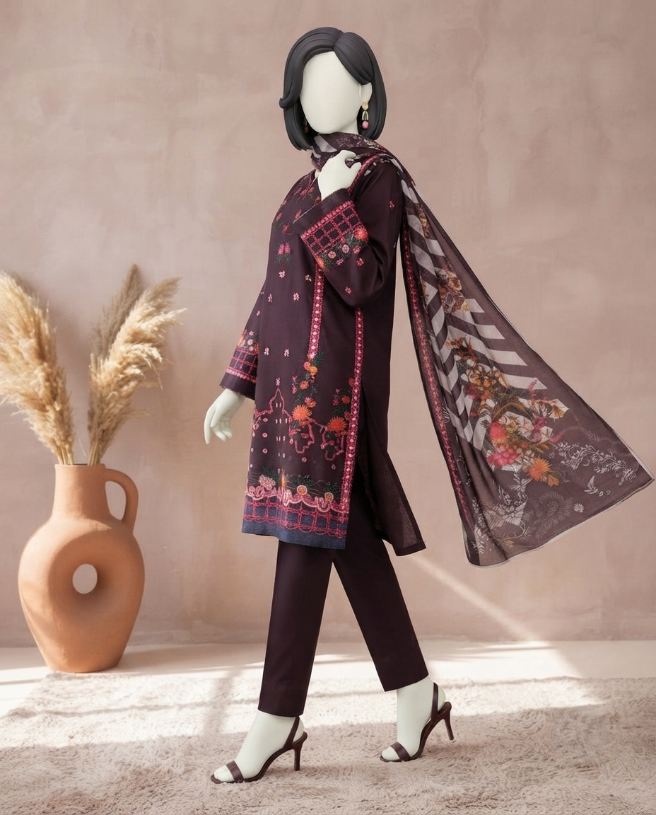 Regal plum 3-piece unstitched embroidered lawn suit with a printed dupatta displayed on a mannequin.